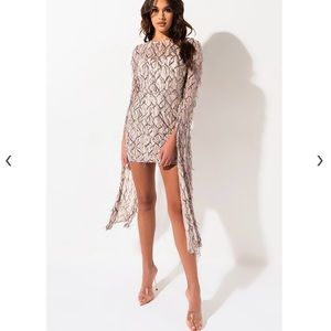 AKIRA Sheer Mesh Sequin Fringe Flare Long Sleeve Petite Mini Dress Medium Cream